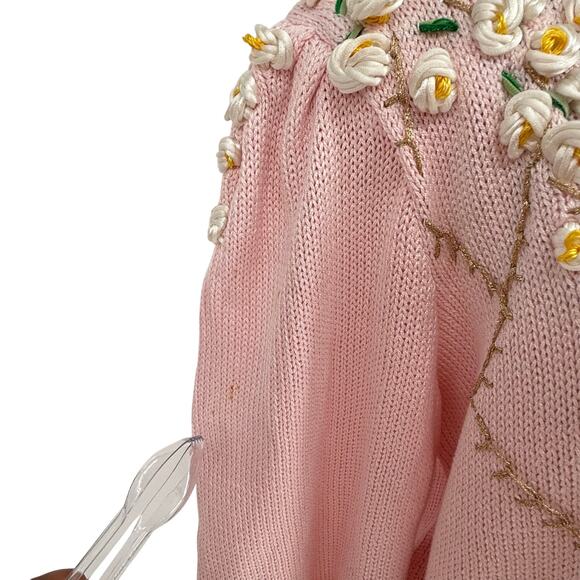 1980s Vintage Floral Hand Embroidered Granny Chunky Cardigan Sweater Pastel Pink - Picture 3 of 12
